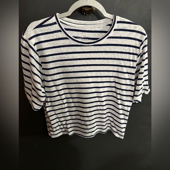 Universal Threads Striped Linen T-Shirt Cropped Size M Navy: White - Picture 1 of 5